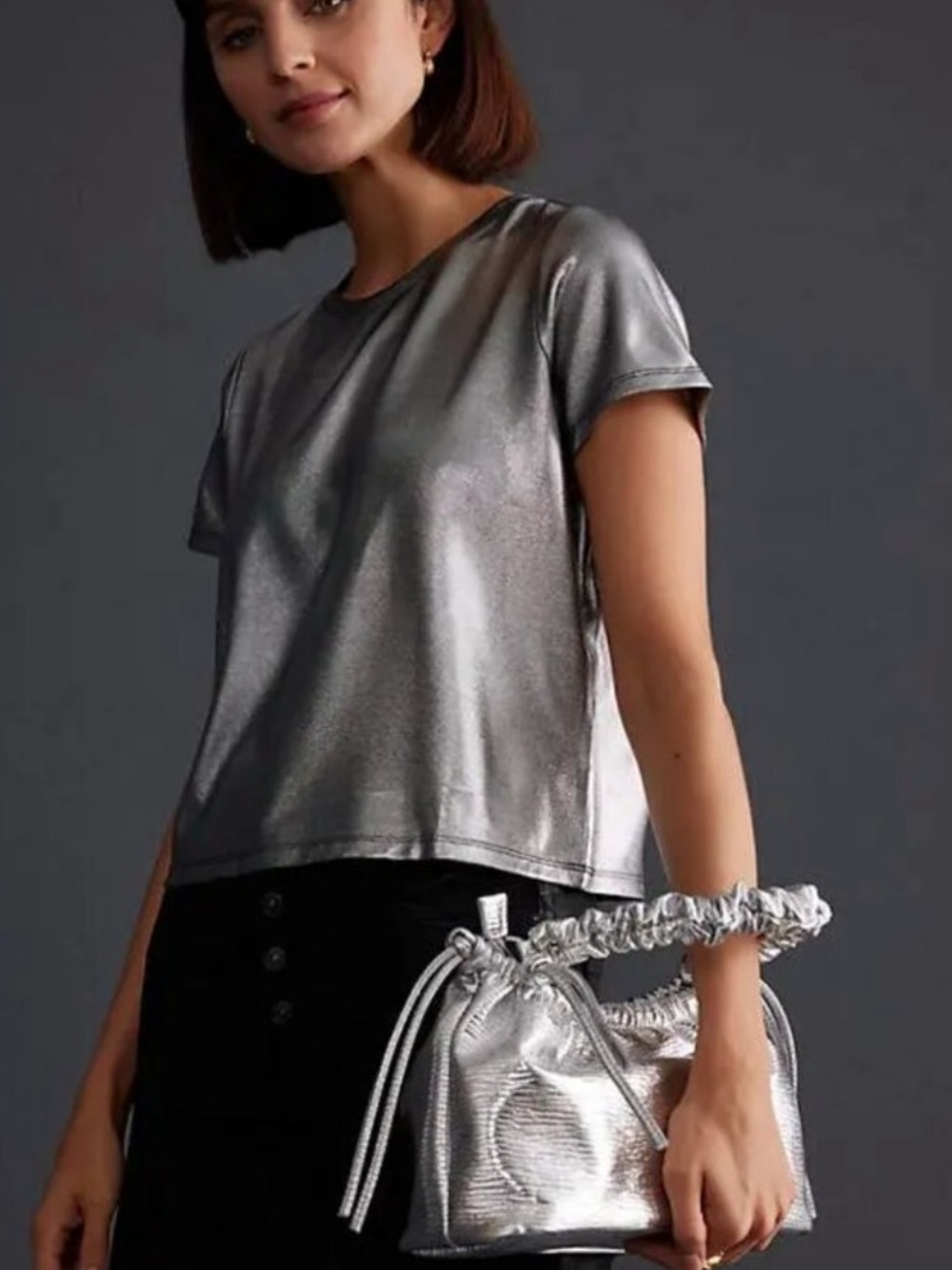Porridge Metallic Silver Short-Sleeve Top Y2K concert fit